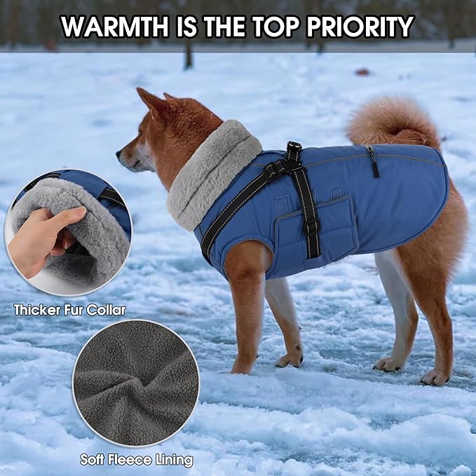 PETDSH Dog Coat Large, Built-in Harness Dog Jacket with Warm Fleece Lining, Waterproof Reflective Dogs Winter Coat, Pet Coats with Pocket and Trash Bags (Navy Blue, XXX-Large)