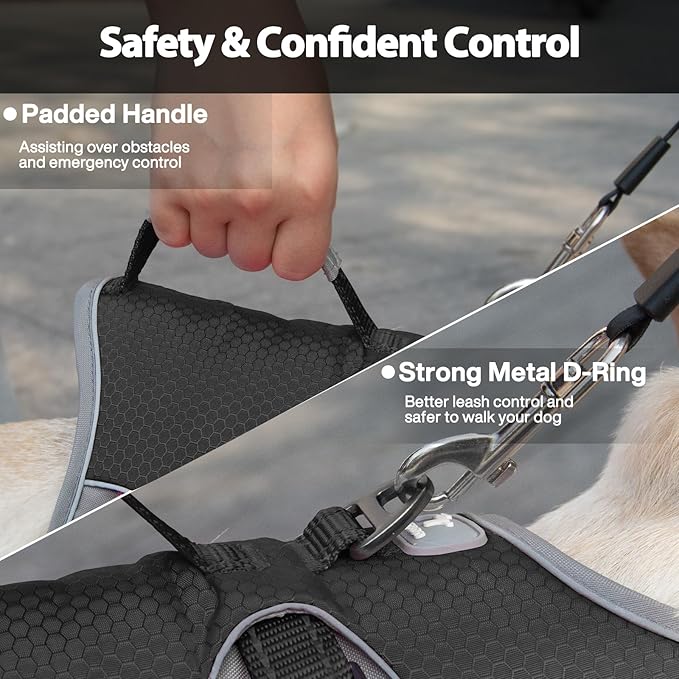 Huntboo Escape Proof Dog Harness, Escape Artist Harness, Reflective Dog Harness with Handle, Durable,Adjustable Vest for Small Medium Large Dogs Walking, Training, and Running Gear(Black, S)