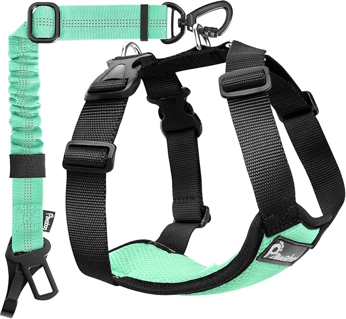 Pawaboo Dog Seat Belt Harness for Car, Dog Car Harness Seatbelt with Double Clips, Adjustable Breathable Pet Vest & Dogs Safety Tether with Elastic Bungee for Small Medium Large Pet, XL, Blue + Black