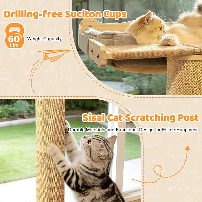 54.3" Cat Window Perch with 3 Adjustable Roman Column Sisal Posts, Gray Fluffy Cusion, Drill-Free Suction Cups, Multi-Level Bird Watching Perch, 60 lbs Capacity