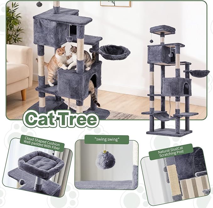 Simple Deluxe 66In Cat Tree for Indoor Cats, 6-Level Cat Tower with Sisal Scratching Posts, Enclosed Cat Condo & Hammock, Space-Saving Corner Design, Stable Wide Base for Multiple Kittens, Dark Gray