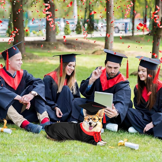 5 Pcs Dog Graduation Costume Set Include 2026 Pet Graduation Gown with Stole Puppy Grad Cap Lensless Glasses DIY Letter Stickers for Dogs Cats Holiday Costume Accessory(Black Red,XL)