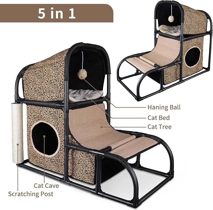 Goetland PVC Modern Cat Condo House Tree Medium Tower Bed Scratching Post Climber With Peek Hole and Dangling Ball for Kitty Indoors Leopard
