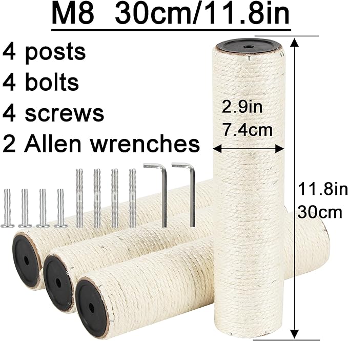 4 Pcs 2.9in 7.4cm Diameter Cat Tree Scratching Post Replacement Sisal Pole (M8, 11.8in/30cm)