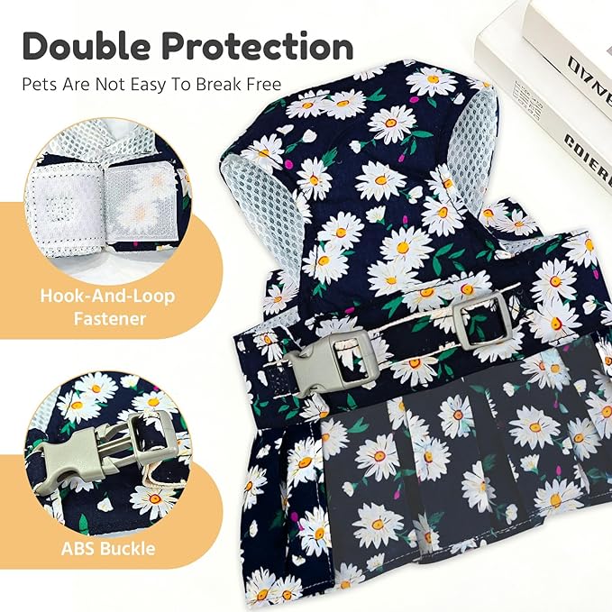 BAEJMJK Dog Dress Bowknot Harness Leash Set for Small Dogs Cats Daisy Floral Girl Dog Dresses Cute Puppy Princess Clothes Pet Doggy Outfits Spring Summer Breathable Dresses(Small, Navy Blue)
