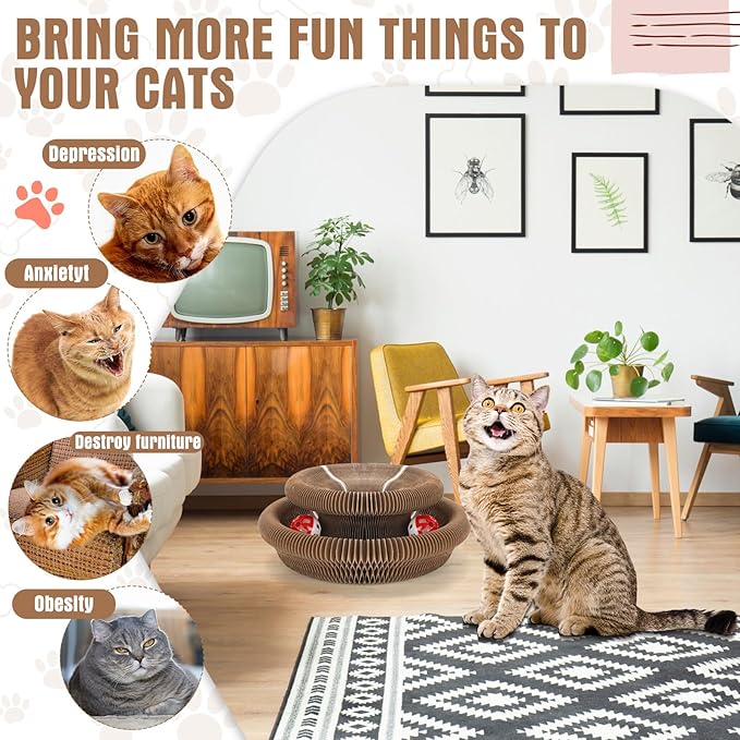 Soulchen 2 Pcs Magic Organ Cat Scratching Board, Combinable Cats Toy for Adult Pets, Interactive Cardboard Kitten Scratcher with Bell Ball, Durable Foldable Accordion Scratch Pad (Cat Paw)