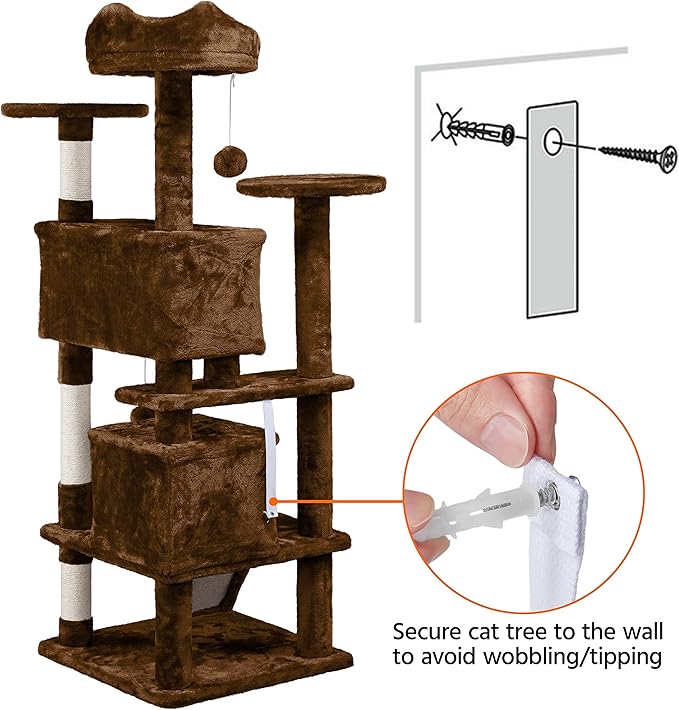 Brown Cat Tree Tower,Cat Scratcher Activity Centre Scratching Posts with 2-Condo and Dangling Toys