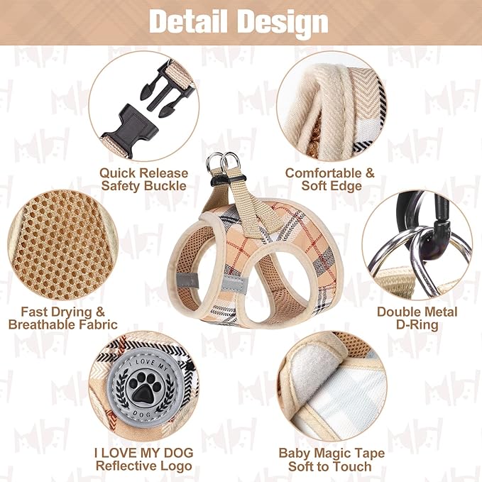 BEAUTYZOO Small Dog Harness and Leash Set,Step in No Choke No Pull Soft Mesh Dog Harnesses Reflective for Extra-Small/Small Medium Puppy Dogs and Cats, Plaid Dog Vest Harness for XS S Pets, Beige L