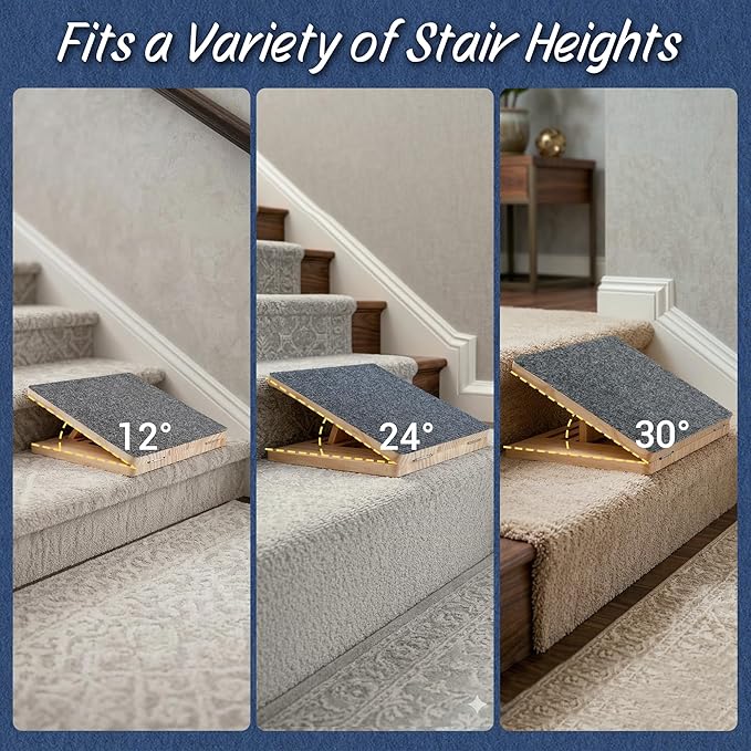 Dog Ramp for Stairs 2 Pack - Adjustable Wooden Stair Wedges for Small Dogs, Foldable Indoor Dog Stair Ramp with Triangular Support and Non-Slip Pads for Senior and Short-Legged Pets