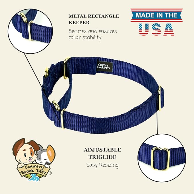 Country Brook Petz - Martingale Dog Collar - Heavy-Duty Training Collar with No Buckle - Service Dog Collar for All Pups - 10+ Cool Colors (Navy Blue, 3/4 Inch, Small)