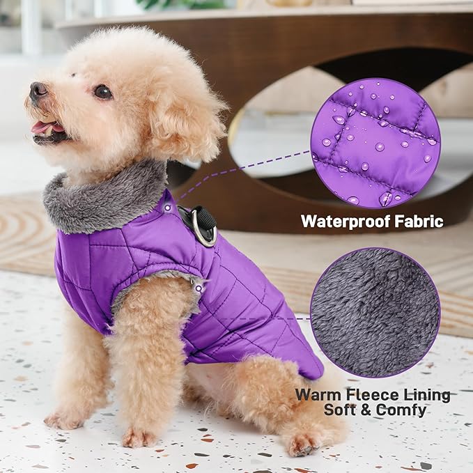 Warm Fleece Dog Coats with Durable Harness Buitl in D-Ring,Waterproof Doggie Jacket for Large Dogs,Dog Vest for Cold Winter,Purple XXL