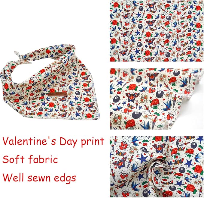 Elegant little tail Dog Bandana, Valentine's Day 1PC Washable Dog Scarf Female or Male Square Bib Kerchief Scarf Adjustable Pet Bandana for Medium Large Dogs