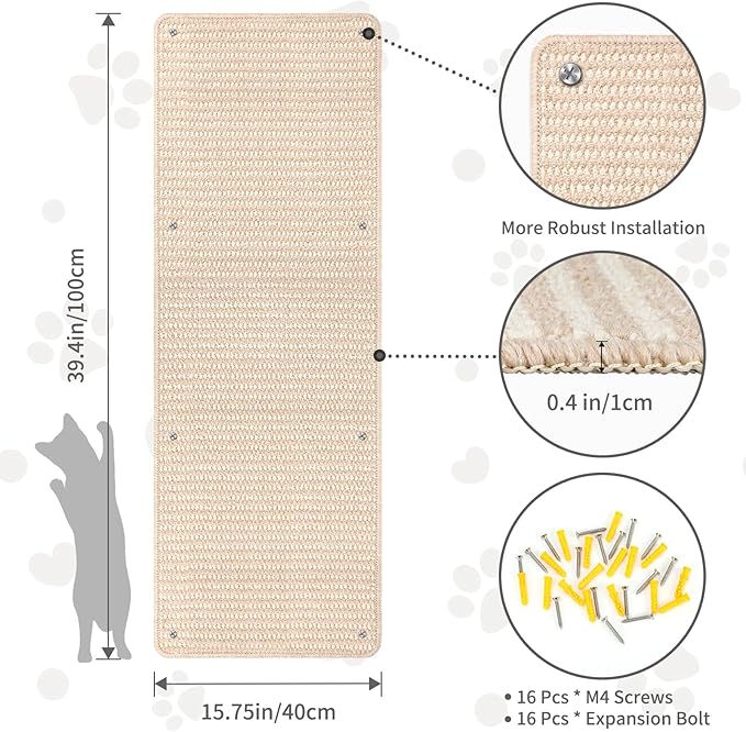 FHTONGE 39.4x15.8 Thickened Cat Wall Climbing Carpet with 16 Fixed Nails, Extra Large Tall Cat Scratch Pad for Wall, Wall Mounted Climbing Cat Scratcher for Furniture Couch Sofa Protector(Oat Color)