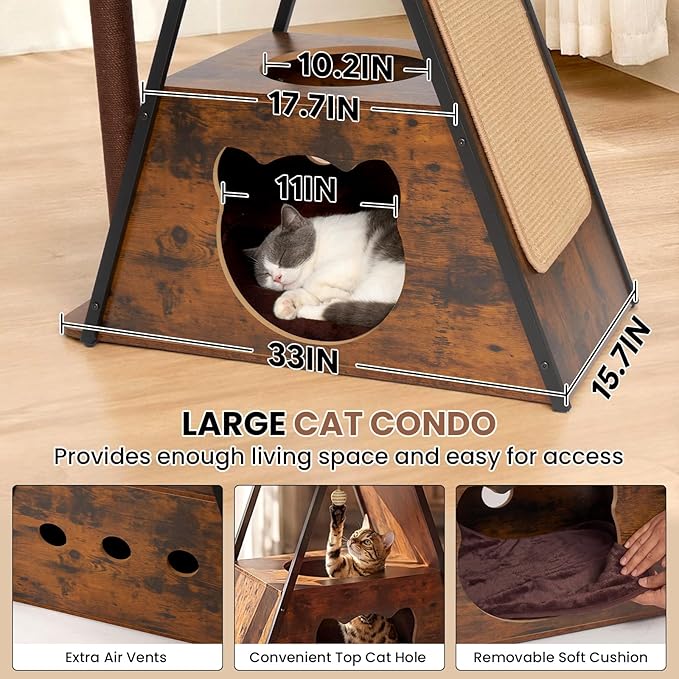 71" Modern Wood Cat Tree for Large Cats - Heavy Duty Tall Cat Tower for Indoor Cats, Multi-Level Cat Furniture with Spacious Condo, Large Perch, Scratching Posts & Hammock (Burnt Wood)