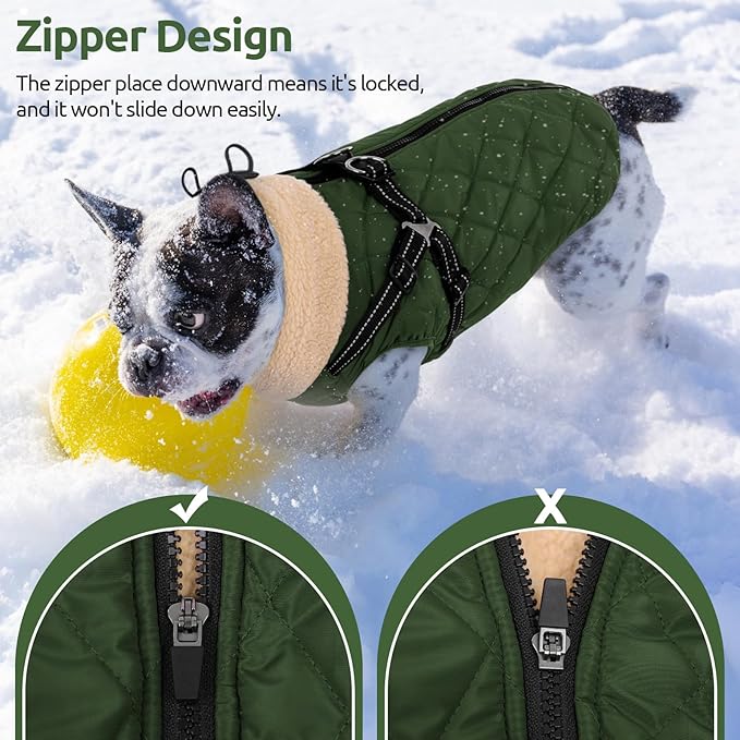 Queenmore Dog Coat, Dog Coats for Small Dogs, Doggy Winter Jacket with Zipper On Back, Waterproof Pet Jacket with Harness Built in, Pet Puffer Coat for Bichon, Schnauzer, Yorkie, ArmyGreen S