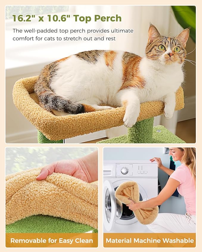 32" Cactus Cat Tree Tower for Indoor Cats - 2 Cozy Condos, Multi-Level Cat Scratching Posts with Sisal, Soft Padded Perch, 2 Dangling Toys, Green