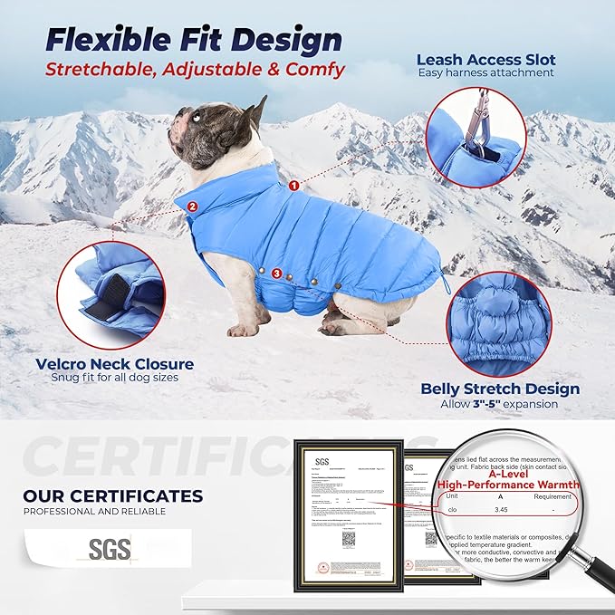 SPACE LION Dog Puffer Jacket, Down Winter Coat, Durable Outdoor Coat for Cold and Windy Conditions, Lightweight & Adjustable Fit Coats for Large Dogs, (Blue, Size24/2XL)