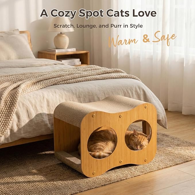 Avont Cat Scratcher House, 2-in-1 Scratch Cardboard & Scratching Pad for Indoor Cats, Double-Layer Scratch Box and Corrugated Board for Kitty -Curved