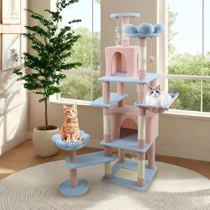 72" Flower Cat Tree with Removable Flower Cushion, Large Cat Tower with Sisal Scratching Posts and Hammock, 2-Door Cat Condo for Kittens (Blue)