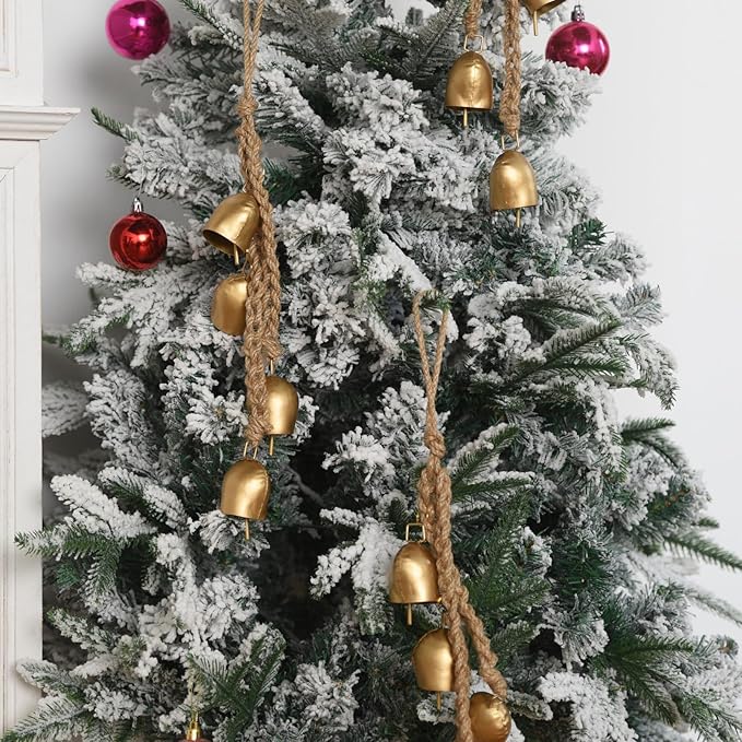 Vintage Hanging Decorative 2 Pack Gold Bells with Jute Hanging Rope - Metal Cow Bells for Christmas Wreath, Garland, Tree, Wedding, Party, Door, Staircase Railings