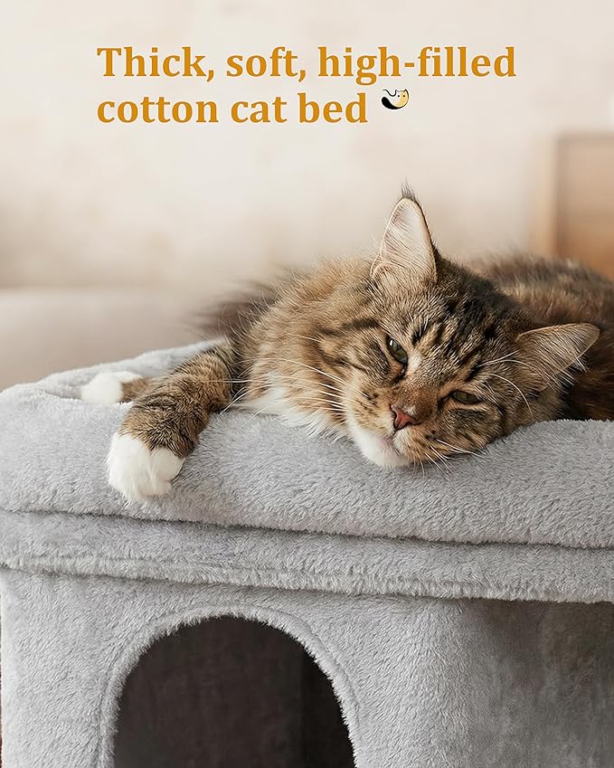 24in Cat Tree Tower with Scratching Post, 19 * 16.5in Window Perch Bed for Large Adult Cats, 2 Small Condo Cubbies for Indoor Kittens, Light Gray