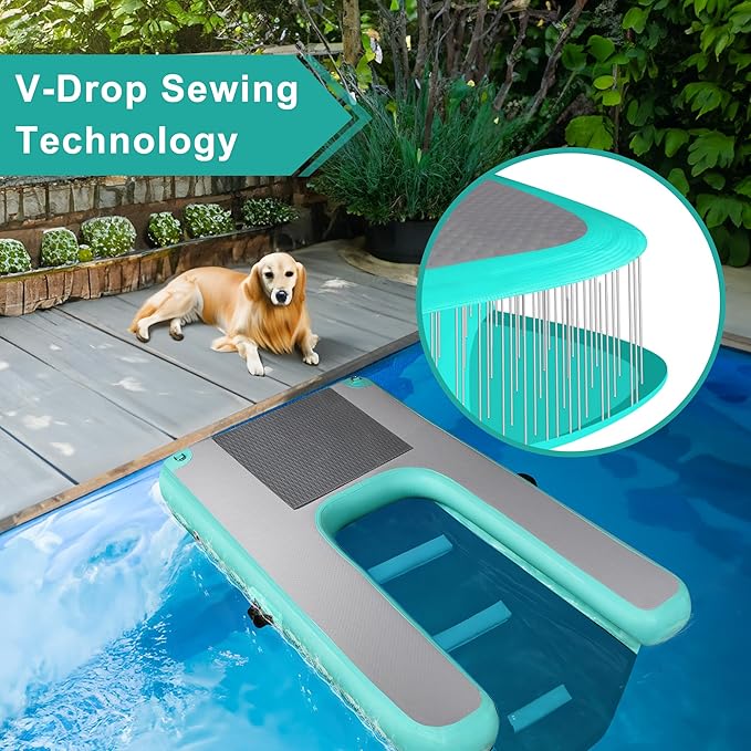 Inflatable Dog Water Ramp, High Stability Floating Ladder, Inflatable Non-Slip Steps, Mint Green Raft- Portable and Durable for Pools, Lakes, Docks and Boats（Up to 230lbs）