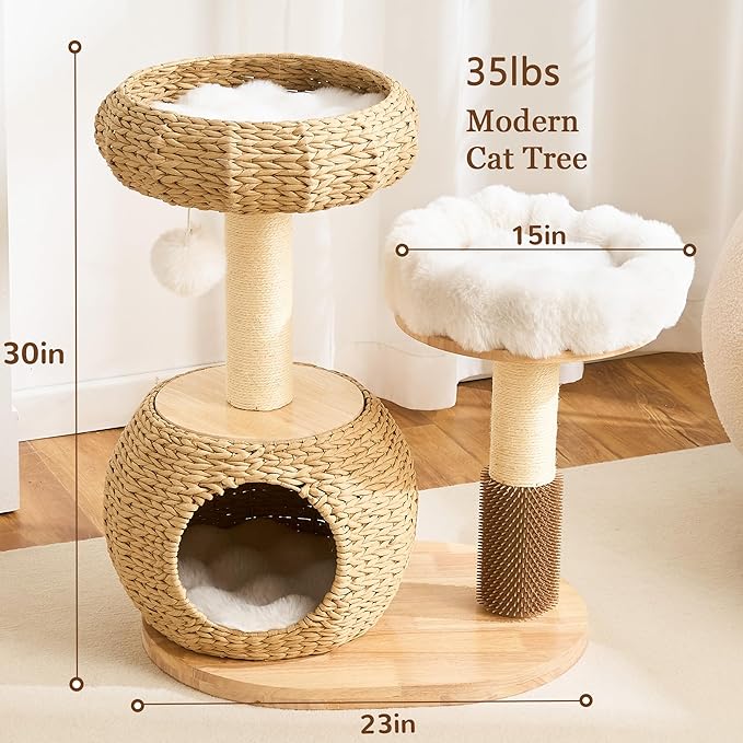 Modern Solid Wood Cat Tree Tower for Indoor Cats Large Adult, 30 inch Corner Cat Tree with Handmade Rattan Cat Bed, Luxury Aesthetic Cat Tree with Rattan Cave, Soft Plush Bed, Groomer, Scratching Post
