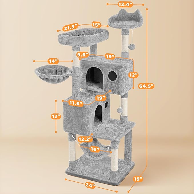 Topeakmart Cat Tree 64.5'' Large Cat Condo Tower Stand Furniture with Scratching Posts Perches Hammock as Kitten House Play Center