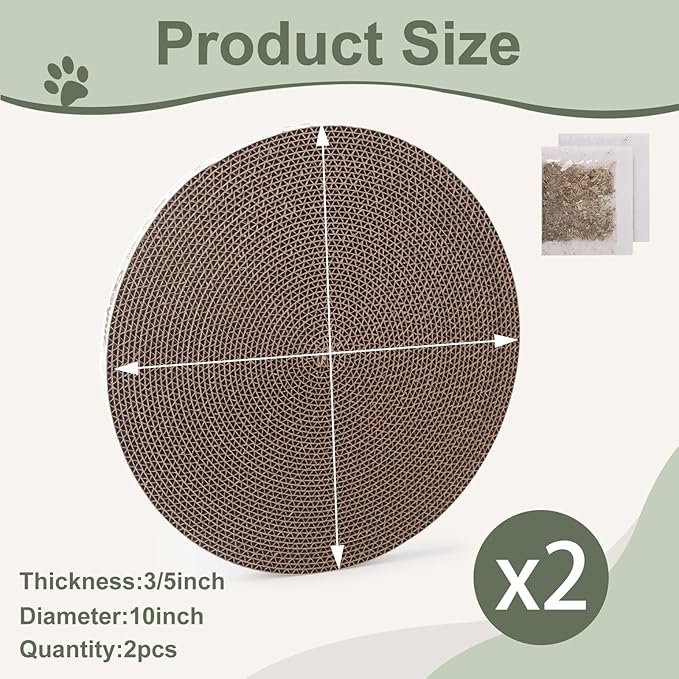 Round Cat Scratcher Pad 10 Inch Diameter - 3/5 Inch Thick Cardboard Refill, Universal for Round Scratching Posts, Standalone for Indoor Cats (2 PCS)