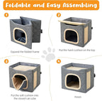 Cat Houses for Indoor Cat, Large 2-Sided Reversible Cushion Cat Condo with Safety Strap, Foldable Cat Hideway with Sisal Scratch Pad, All Seasons Pet Bed for Multi Cats,Light Grey