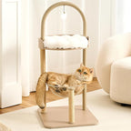 34" Modern Cat Tree Furniture, Minimalist Metal Frame Cat Tower with Wood Platforms, Washable Cushion & Scratching Post, Stylish Cat Condo for Indoor Cats, Cream Beige