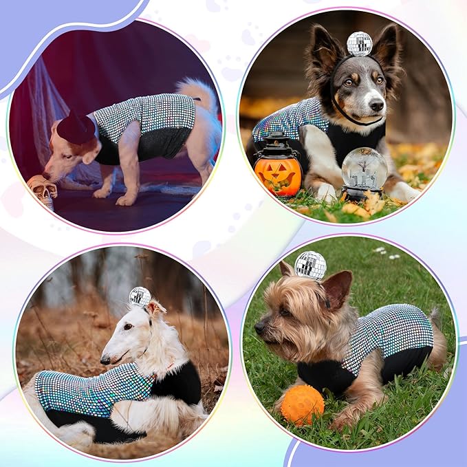 Disco Sequins Dog Costume Set Dog Holographic Shiny Shirt with Disco Ball Headband 80s 70s Party Pet Outfits Glitter Halloween Christmas Cosplay Clothes for Puppy Cat(S)