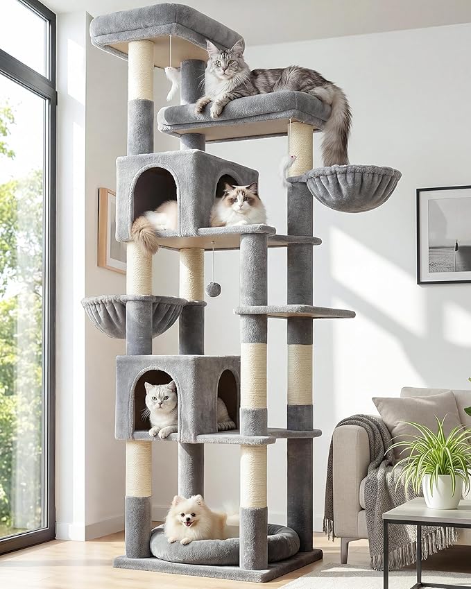 Globlazer Heavy Duty Cat Tree, 81 inch Extra Large Cat Tree for Indoor Cats Large Adult, Sturdy Cat Tower with 8 Scratching Post, 2 Cat Condos, 2 Platform, S81C, Light Grey