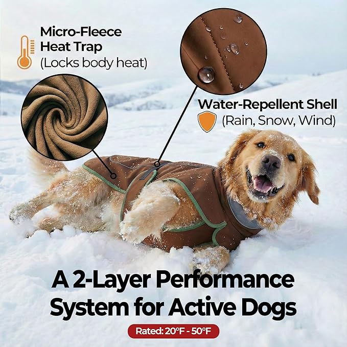 Softshell Dog Winter Vest, Fleece Lined Water-Repellent Jacket with Fur-Safe Buckle (No Hook & Loop) for Hiking, Adjustable Reflective Winter Coat for Active Dogs (Brown, Large)