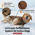 Softshell Dog Winter Vest, Fleece Lined Water-Repellent Jacket with Fur-Safe Buckle (No Hook & Loop) for Hiking, Adjustable Reflective Winter Coat for Active Dogs (Brown, X-Small)