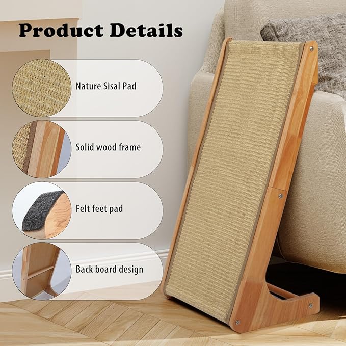 L Shaped Sisal Cat Scratcher - 28 Inch Cat Scratch Ramp for Indoor Cat use,Vertical Cat Scratching Post,Wooden Climbing Kitten/Cats Furniture(Large)