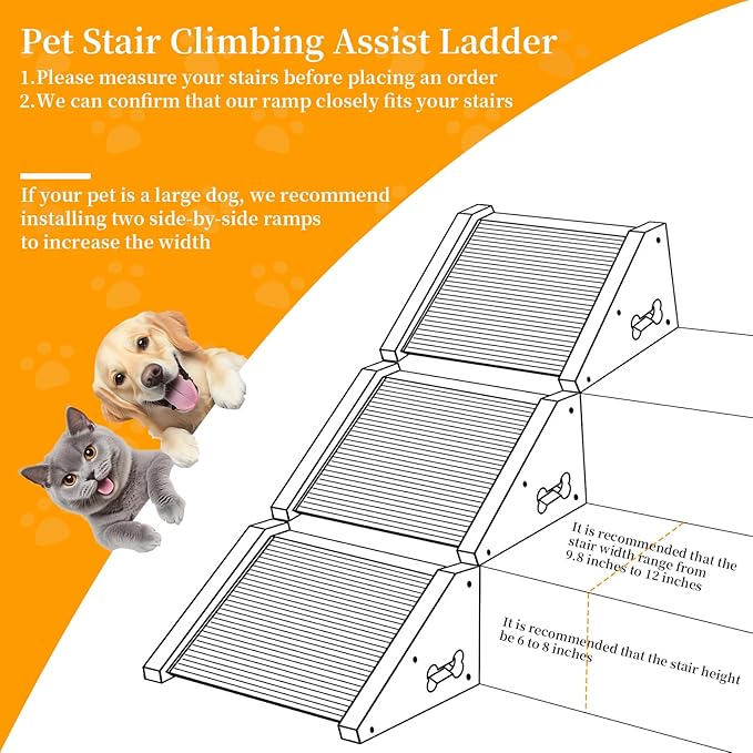 2-Pack Wooden Pet Stair Ramp - Felt Surface with Non-Slip Ribs Natural Pine Wood Suitable for Small Medium Dogs, assists Senior Dogs and Injured Pets up and Provides a Safe Indoor Passageway.