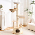Modern Cat Tree Tower with Scratching Post for Indoor Cats Large Adult, 60 inch Tall Solid Wood Multifunctional Cat Tree Tower with Bed, Space Capsule, Sisal Wrapped Condo, Multiple Cats Use