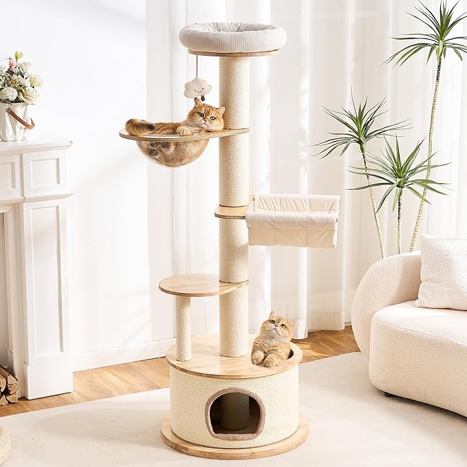Modern Cat Tree Tower with Scratching Post for Indoor Cats Large Adult, 60 inch Tall Solid Wood Multifunctional Cat Tree Tower with Bed, Space Capsule, Sisal Wrapped Condo, Multiple Cats Use