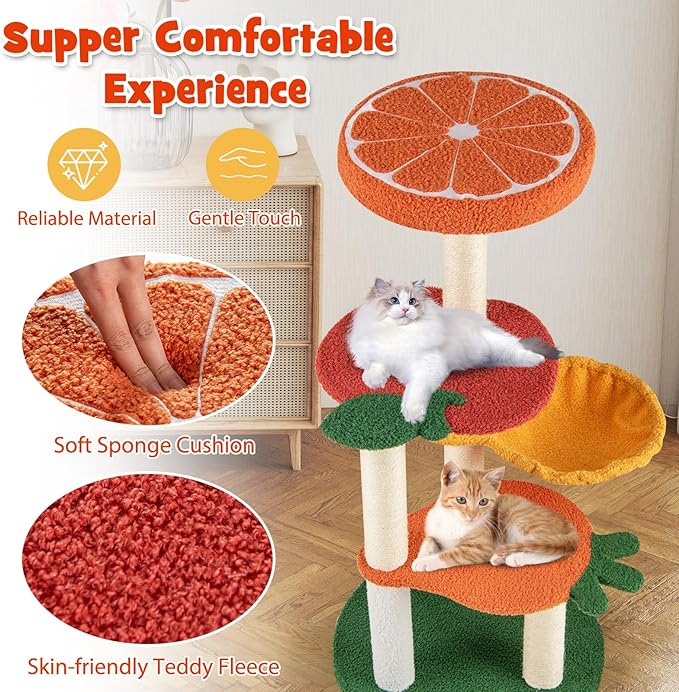 Tangkula Fruit Cat Tree, Multi-Level Cute Cat Tower with Sisal Scratching Posts, Padded Top Perch, Rotatable Basket, Apple & Carrot Shaped Platform, Chic Vegetable Cat Tree for Indoor Cats