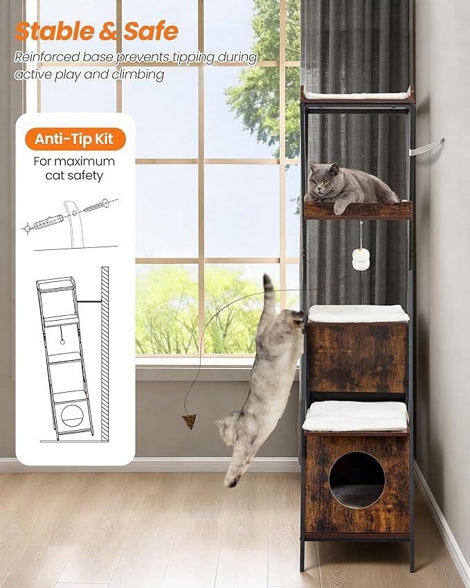 Modern Wood Cat Tree Tower for Indoor Cats Large Adult - 67 Inch Tall Multi-Level Heavy Duty Cat Condo Trees Furniture with Caves Perch Bed Scratching Board -XL Big Wooden Kitty House