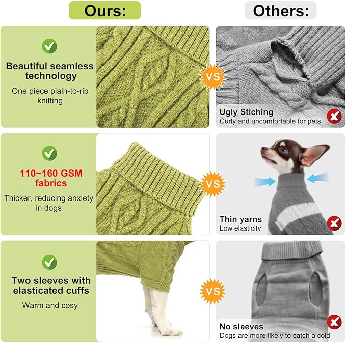 BEAUTYZOO Small Dog Sweater-Dog Sweatshirt Pullover Cable Knit Wear Classic Turtleneck Thick Cold Weather Clothes for Small Dogs, Medium Dogs, Puppies,Green Cable S/M (Back: 14",Chest: 18", Neck: 11")