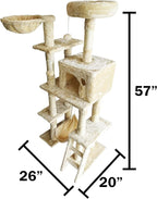 Beige Cat Tree Tower for Indoor Cats & Kittens, 57" Tall Multi-Level with Comfy Perch & Basket, Hideaway Condo, Sisel Scratcher Posts & Ladder, Ball Toys, & Dangling Rope - by SciencePurchase