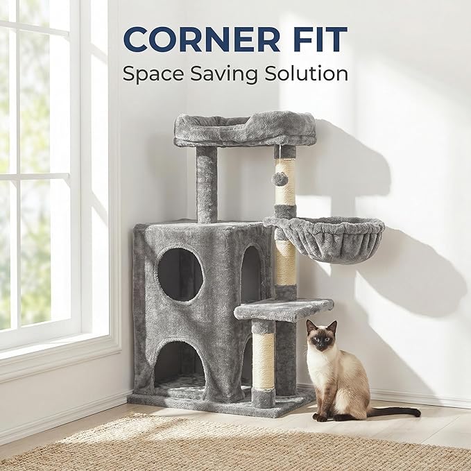 Cat Tree Tower for Indoor Cats, 36-inch Adult Cat Tree House for Large Adult Cats with Steps, Scratching Post, 2 Cat Condo, Dangling Toys, Light Grey