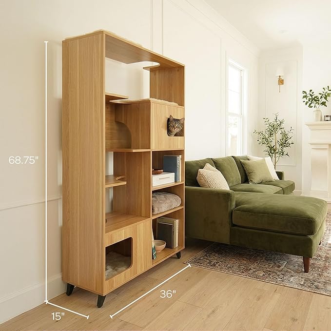 4 Cats & Dogs Clifford Cat Tree Bookshelf – Modern Pet Condo with Climbable Shelves, Multi-Level Tower, Indoor Dog Furniture, Space-Saving Bookshelf & Pet Nooks, 69”H x 36”L x 15”D (Oak)