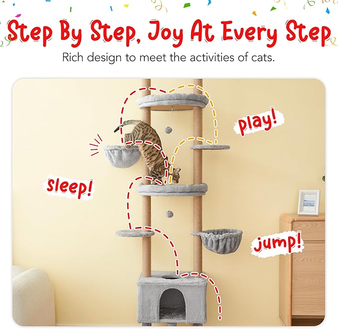 Cat Tree, Floor to Ceiling Cat Tower Adjustable Height [92.9-102.4in=235-258cm], 7 Tiers Cat Climbing Play House with Fully Sisal Scratching Post,Cozy Condo&Hammocks for Indoor Cats,Light Grey