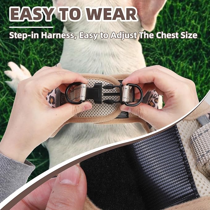 PUPTECK No Pull Dog Harness Small Sized Dog, Adjustable Reflective Escape Proof Easy Control, Comfortable Soft Padded Step in Pet Vest Harness, Brown Leopard, M