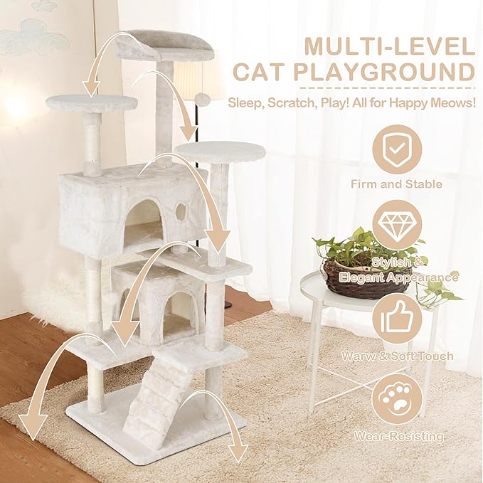 Heavy Duty Cat Tree,54 Inch Tall Cat Tower,2 Cozy Condos,Scratching Posts,Ladders & Sisal Pole,Multi-Level Perches Platforms for Indoor Cats,Sturdy Pet Climbing Furniture,Beige