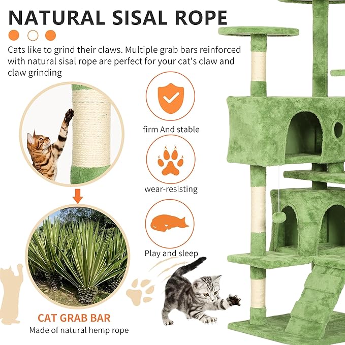 Heavy Duty Cat Tree,54 Inch Tall Cat Tower,2 Cozy Condos,Scratching Posts,Ladders & Sisal Pole,Multi-Level Perches Platforms for Indoor Cats,Sturdy Pet Climbing Furniture,Green