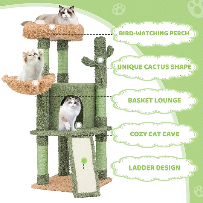 Magshion 42" Cactus Cat Tree, Multi-Level Cat Tower for Indoor Cats with Scratching Posts, Ramp, Top Perch, Side Basket & Platforms, Cat Climbing Tower Kittens Pet Play House